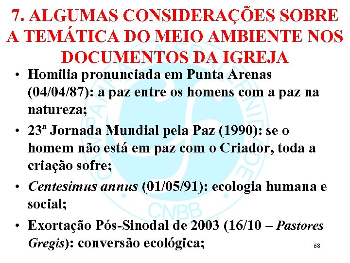 7. ALGUMAS CONSIDERAÇÕES SOBRE A TEMÁTICA DO MEIO AMBIENTE NOS DOCUMENTOS DA IGREJA •