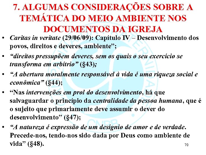 7. ALGUMAS CONSIDERAÇÕES SOBRE A TEMÁTICA DO MEIO AMBIENTE NOS DOCUMENTOS DA IGREJA •