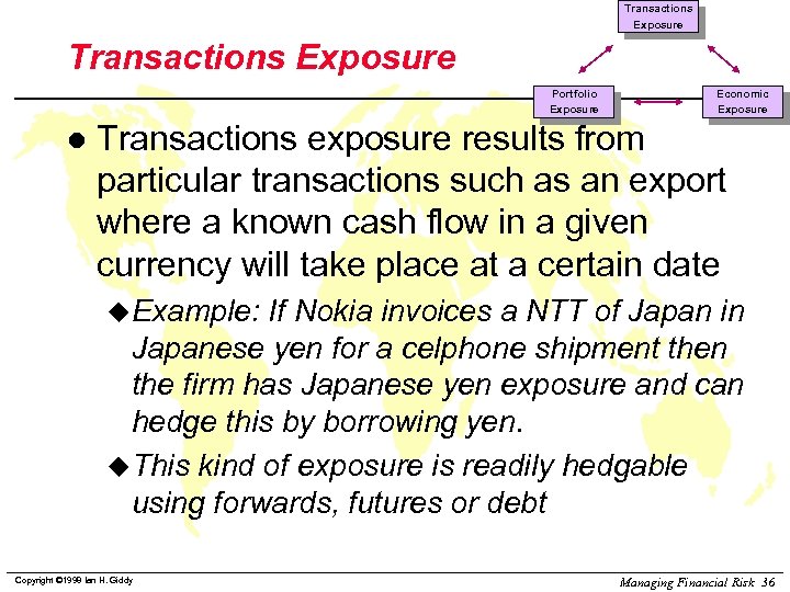 Transactions Exposure Portfolio Exposure l Economic Exposure Transactions exposure results from particular transactions such