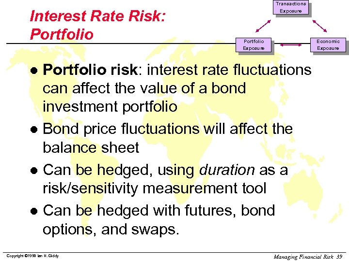Interest Rate Risk: Portfolio Transactions Exposure Portfolio Exposure Economic Exposure Portfolio risk: interest rate