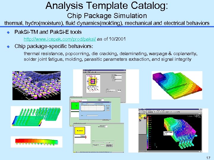 Analysis Template Catalog: Chip Package Simulation thermal, hydro(moisture), fluid dynamics(molding), mechanical and electrical behaviors