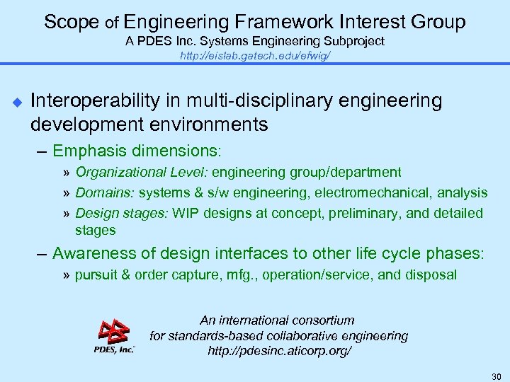 Scope of Engineering Framework Interest Group A PDES Inc. Systems Engineering Subproject http: //eislab.