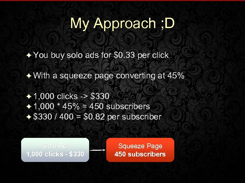 My Approach ; D ✦ You buy solo ads for $0. 33 per click