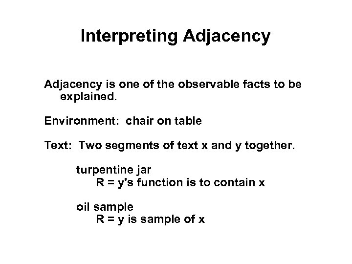 Interpreting Adjacency is one of the observable facts to be explained. Environment: chair on