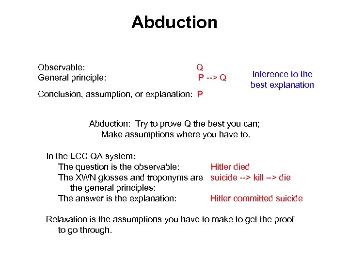 Abduction Observable: General principle: Q P --> Q Conclusion, assumption, or explanation: P Inference
