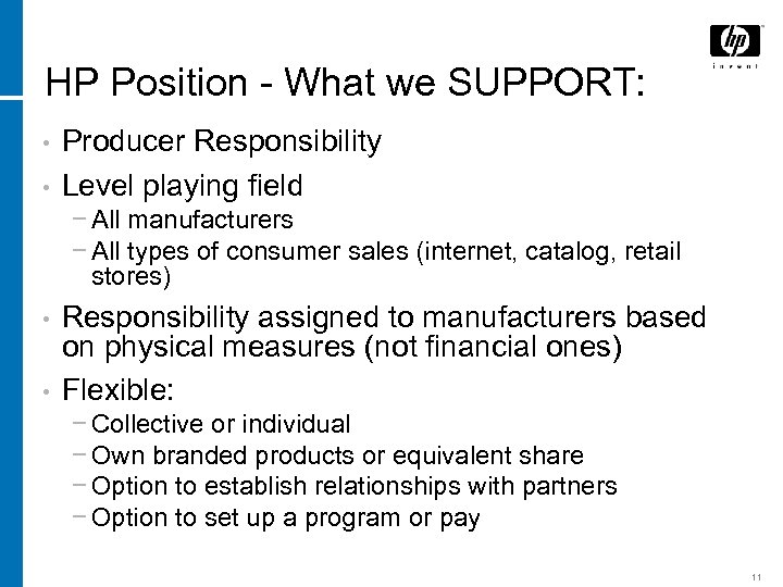 HP Position - What we SUPPORT: • • Producer Responsibility Level playing field −
