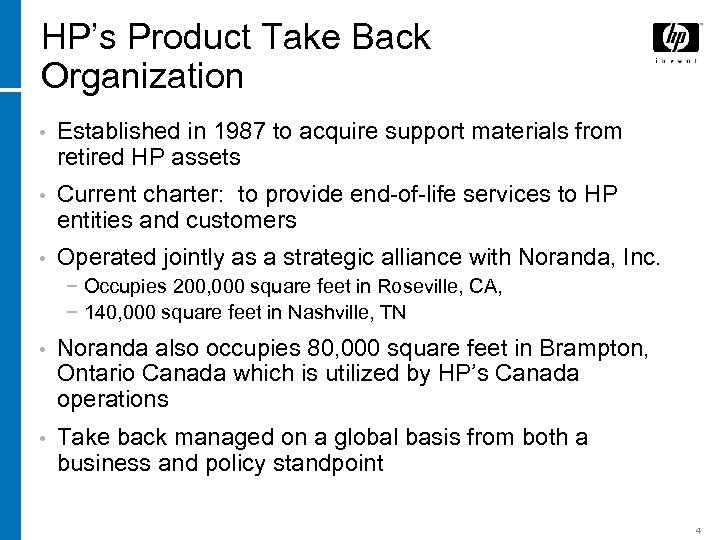 HP’s Product Take Back Organization • Established in 1987 to acquire support materials from
