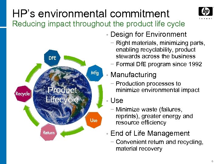 HP’s environmental commitment Reducing impact throughout the product life cycle • Design for Environment