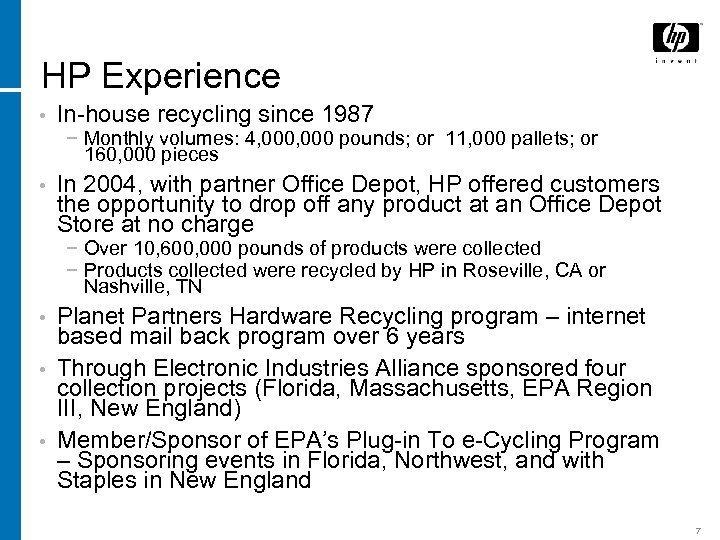 HP Experience • In-house recycling since 1987 − Monthly volumes: 4, 000 pounds; or