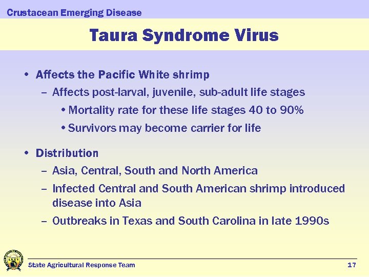 Crustacean Emerging Disease Taura Syndrome Virus • Affects the Pacific White shrimp – Affects