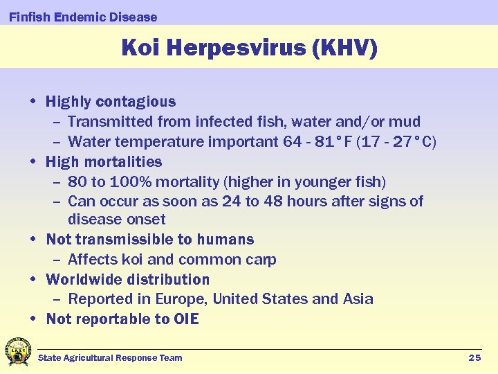 Finfish Endemic Disease Koi Herpesvirus (KHV) • Highly contagious – Transmitted from infected fish,