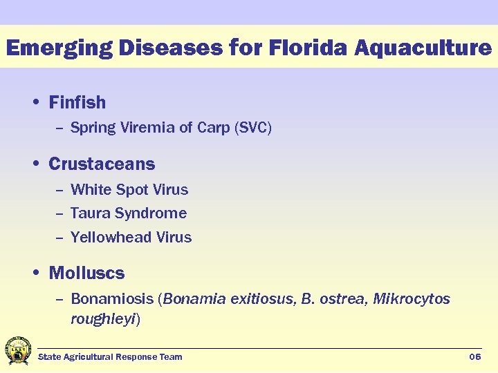 Emerging Diseases for Florida Aquaculture • Finfish – Spring Viremia of Carp (SVC) •