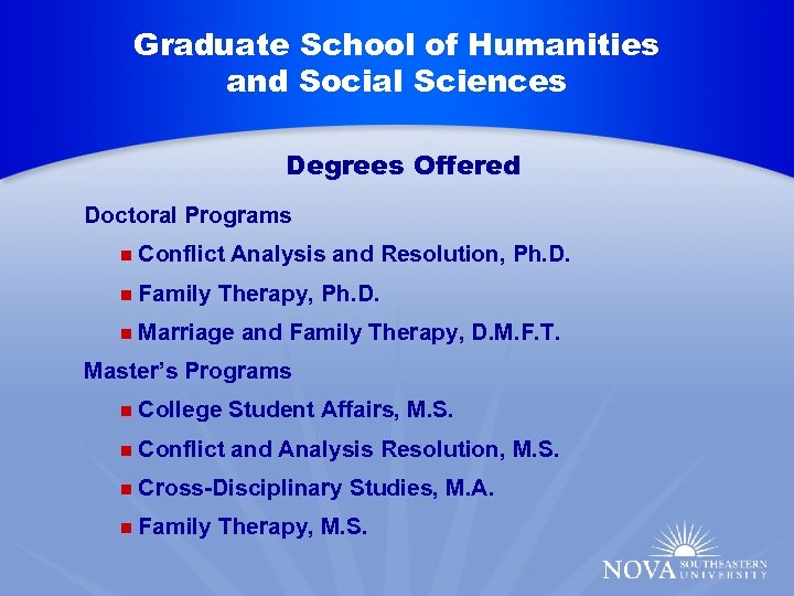 Graduate School of Humanities and Social Sciences Degrees Offered Doctoral Programs n Conflict Analysis