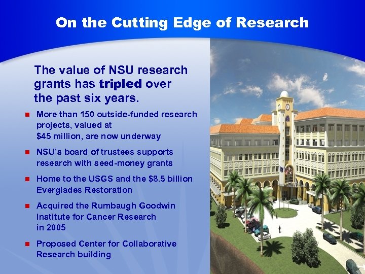 On the Cutting Edge of Research The value of NSU research grants has tripled