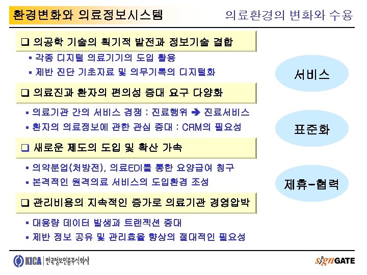 환경변화와 의료정보시스템 의료환경의 변화와 수용 q 의공학 기술의 획기적 발전과 정보기술 결합 § 각종