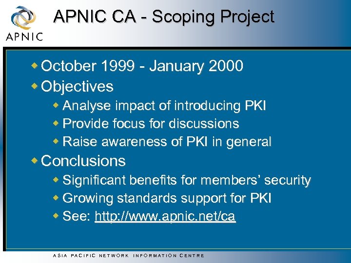 APNIC CA - Scoping Project w October 1999 - January 2000 w Objectives w