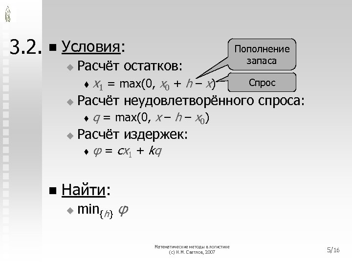 3. 2. n Условия: Пополнение запаса Расчёт остатков: Спрос t x 1 = max(0,