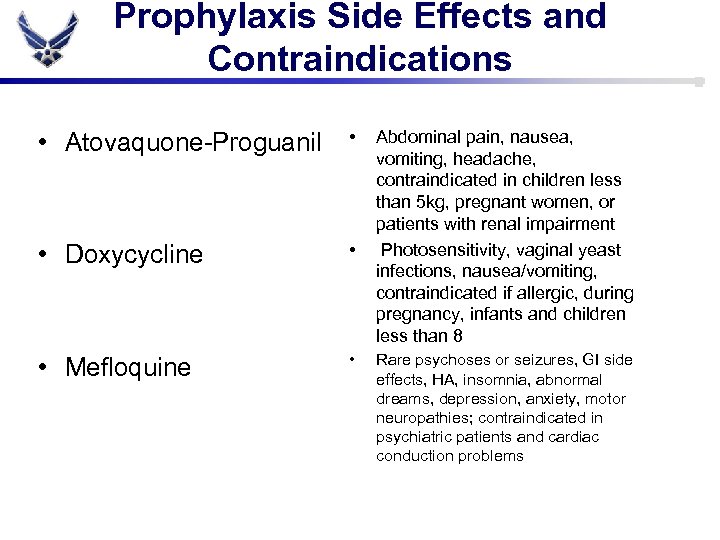 Prophylaxis Side Effects and Contraindications • Atovaquone-Proguanil • • Doxycycline • • Mefloquine •