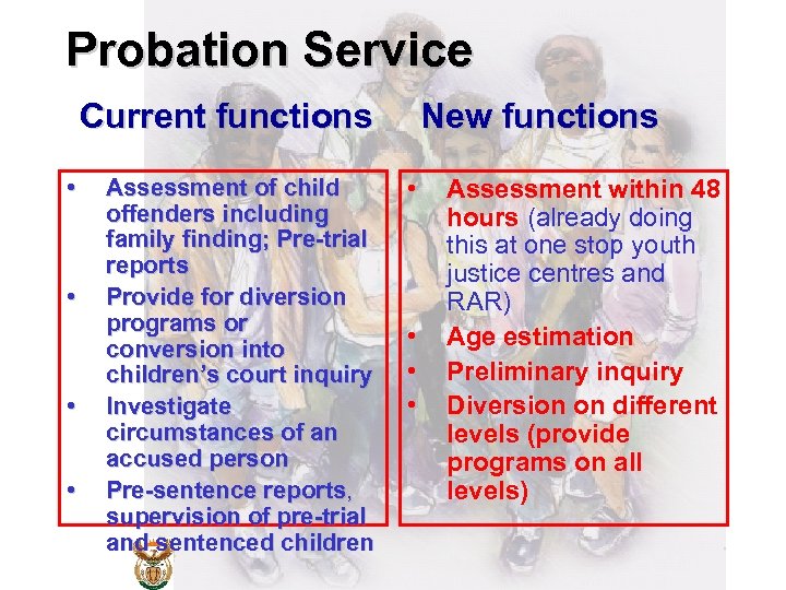 Probation Service Current functions • • Assessment of child offenders including family finding; Pre-trial