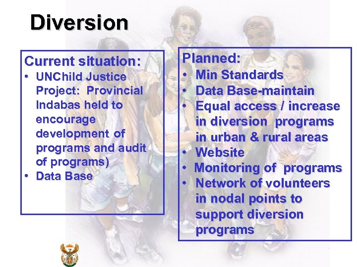 Diversion Current situation: • UNChild Justice Project: Provincial Indabas held to encourage development of