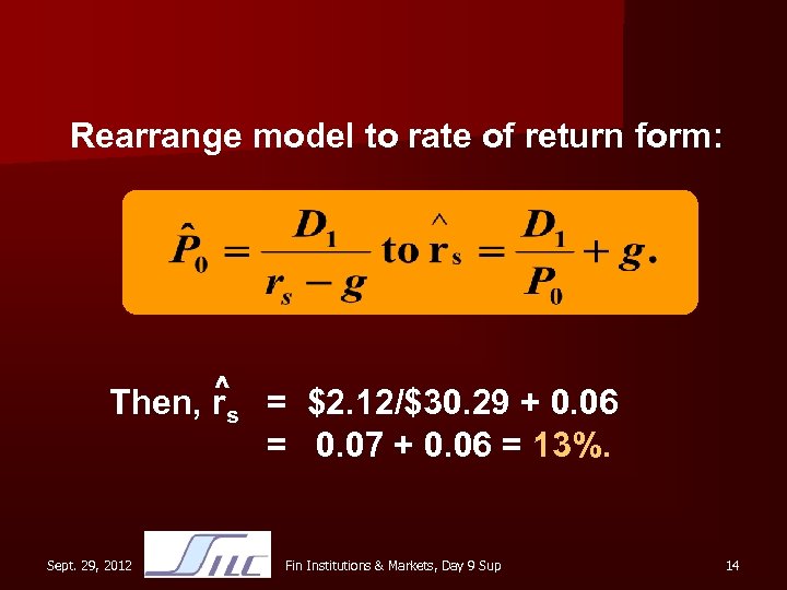 Rearrange model to rate of return form: ^ Then, rs = $2. 12/$30. 29