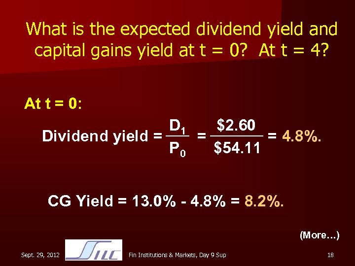 What is the expected dividend yield and capital gains yield at t = 0?