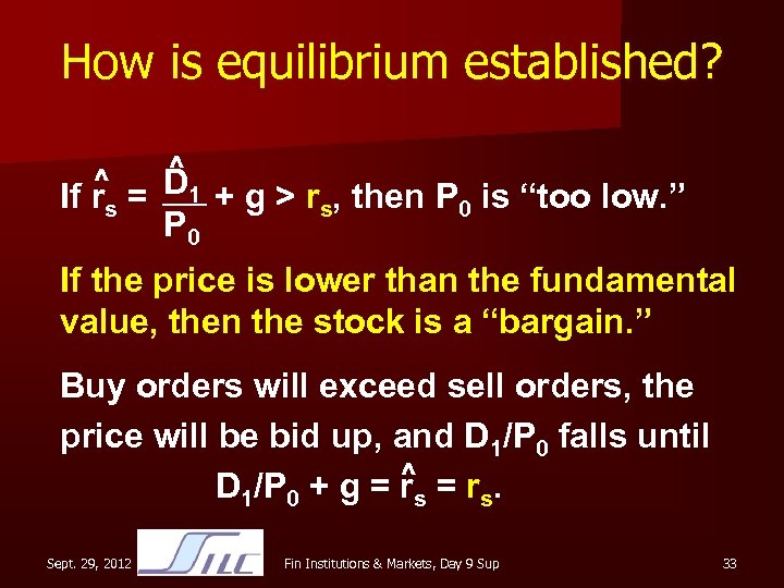 How is equilibrium established? ^ If rs = D 1 + g > rs,