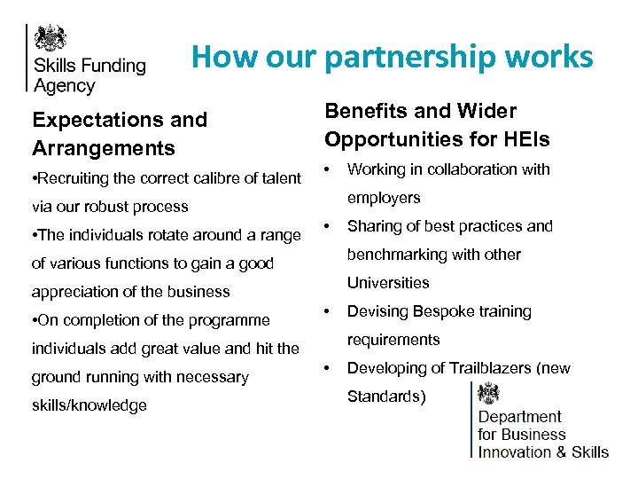 How our partnership works Expectations and Arrangements • Recruiting the correct calibre of talent