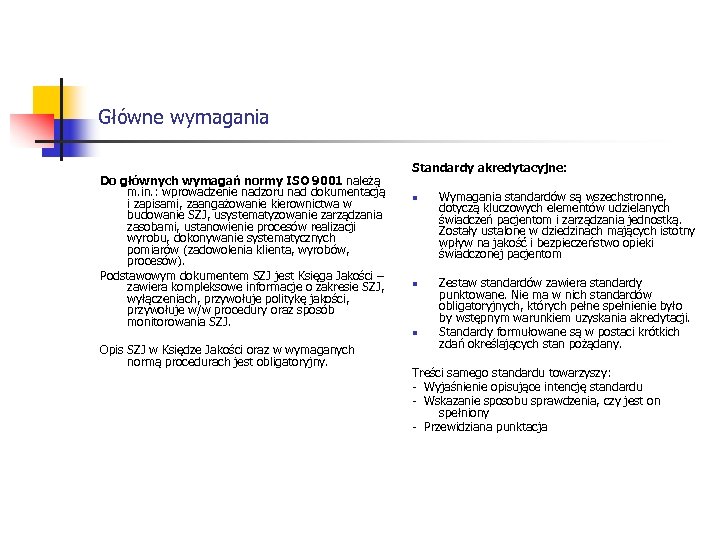 Główne wymagania Do głównych wymagań normy ISO 9001 należą m. in. : wprowadzenie nadzoru