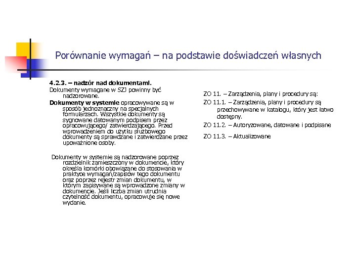 Porównanie wymagań – na podstawie doświadczeń własnych 4. 2. 3. – nadzór nad dokumentami.
