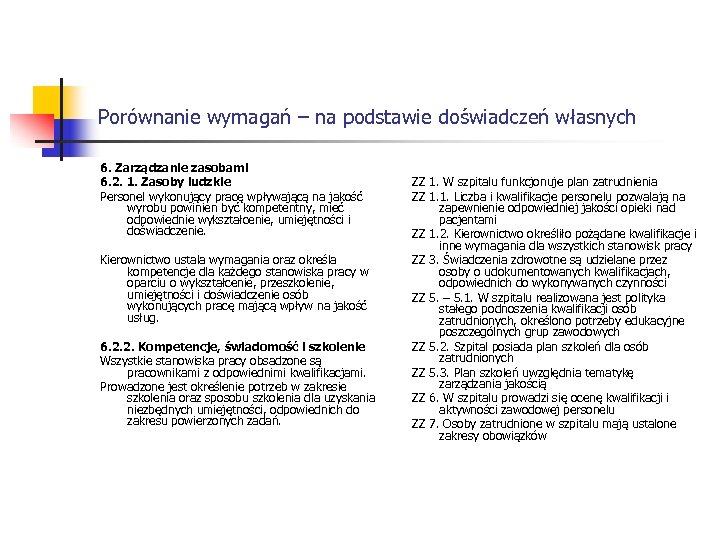 Porównanie wymagań – na podstawie doświadczeń własnych 6. Zarządzanie zasobami 6. 2. 1. Zasoby