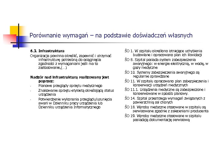 Porównanie wymagań – na podstawie doświadczeń własnych 6. 3. Infrastruktura Organizacja powinna określić, zapewnić