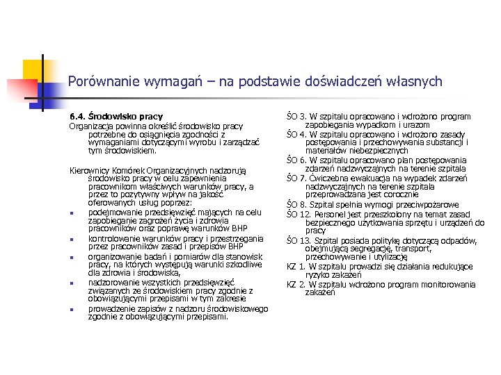 Porównanie wymagań – na podstawie doświadczeń własnych 6. 4. Środowisko pracy Organizacja powinna określić