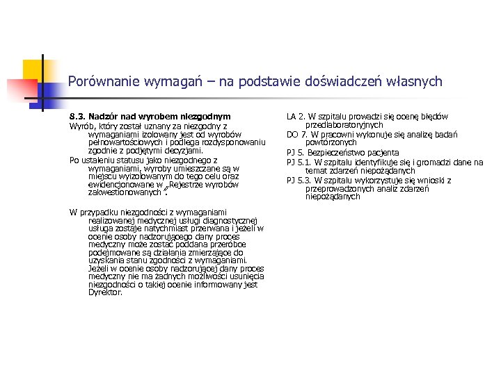 Porównanie wymagań – na podstawie doświadczeń własnych 8. 3. Nadzór nad wyrobem niezgodnym Wyrób,