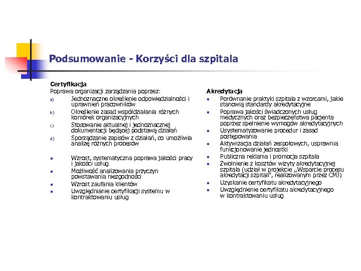 Podsumowanie - Korzyści dla szpitala Certyfikacja Poprawa organizacji zarządzania poprzez: a) Jednoznaczne określenie odpowiedzialności