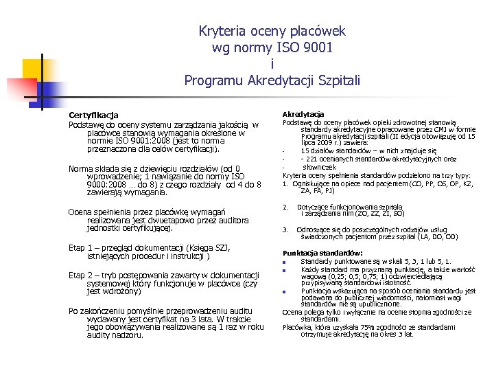 Kryteria oceny placówek wg normy ISO 9001 i Programu Akredytacji Szpitali Certyfikacja Podstawę do