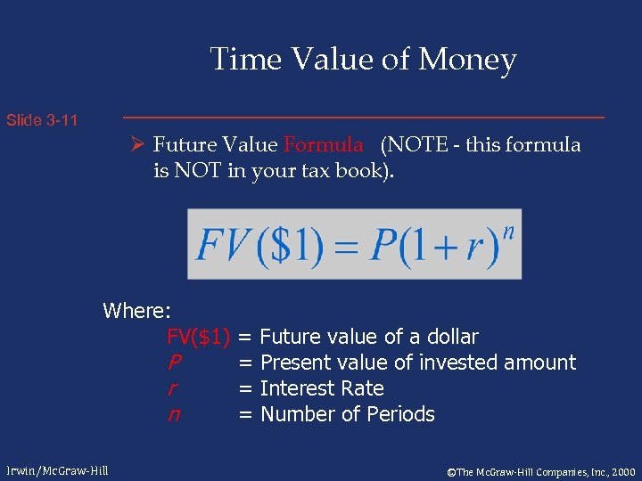 Time Value of Money Slide 3 -11 Ø Future Value Formula (NOTE - this