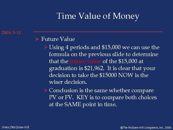 Time Value of Money Slide 3 -12 Ø Future Value Ø Using 4 periods