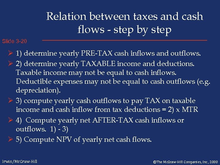 Relation between taxes and cash flows - step by step Slide 3 -20 Ø