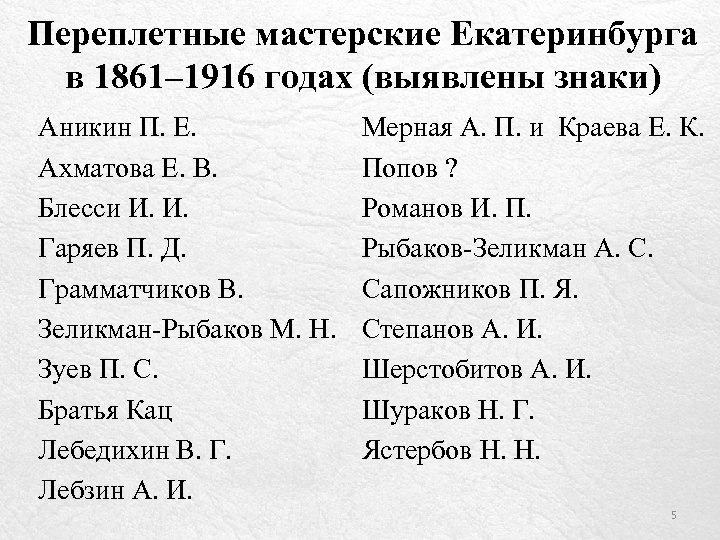 Переплетные мастерские Екатеринбурга в 1861– 1916 годах (выявлены знаки) Аникин П. Е. Ахматова Е.
