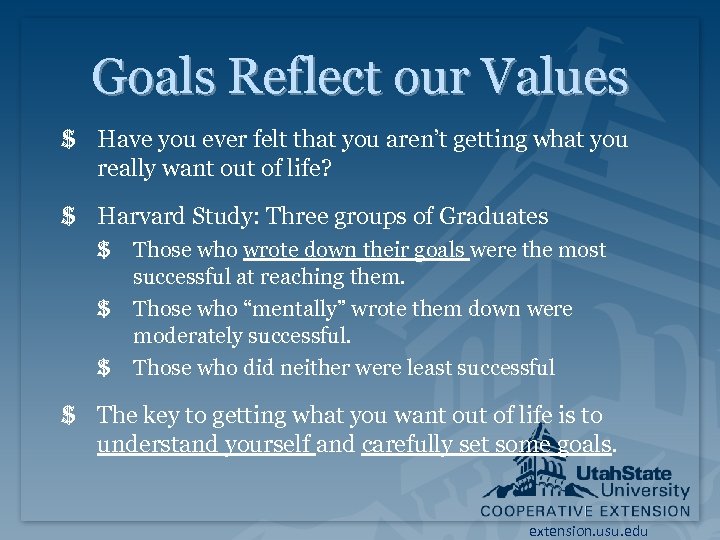 Goals Reflect our Values $ Have you ever felt that you aren’t getting what