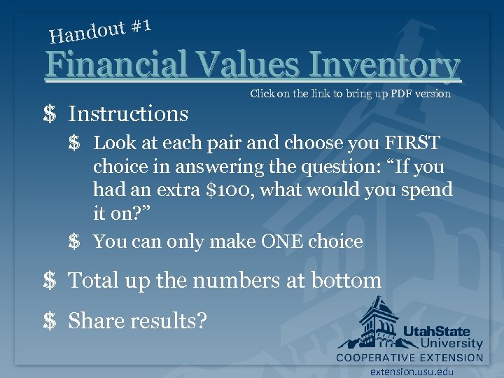 1 andout # H Financial Values Inventory Click on the link to bring up