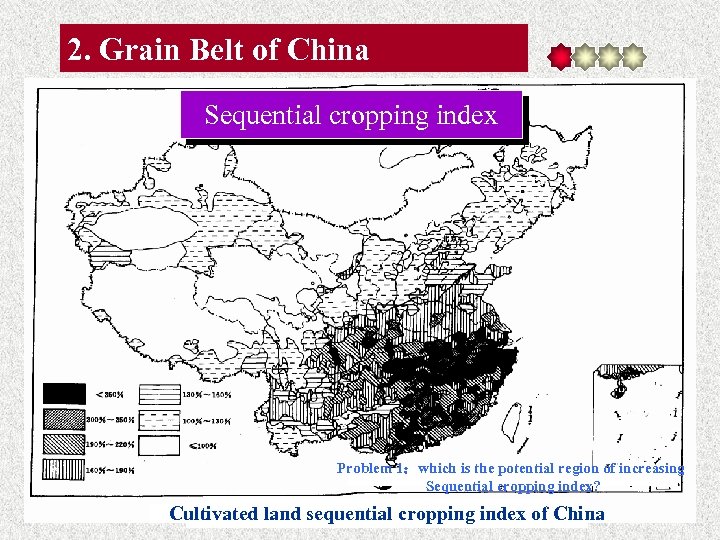 2. Grain Belt of China 复种指数 Sequential cropping index Problem 1：which is the potential