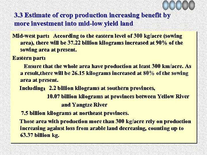 3. 3 Estimate of crop production increasing benefit by more investment into mid-low yield
