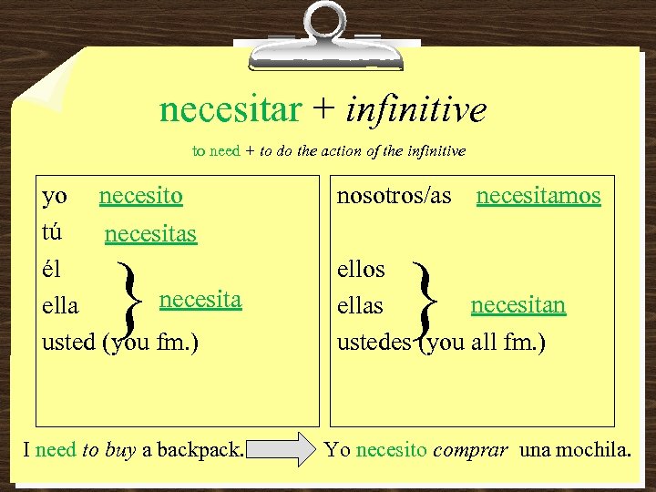 necesitar + infinitive to need + to do the action of the infinitive yo