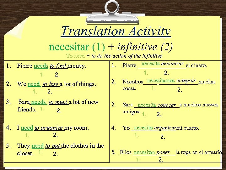 Translation Activity necesitar (1) + infinitive (2) 1. To need + to do the