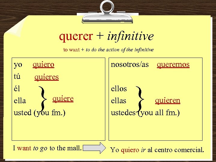 querer + infinitive to want + to do the action of the infinitive yo