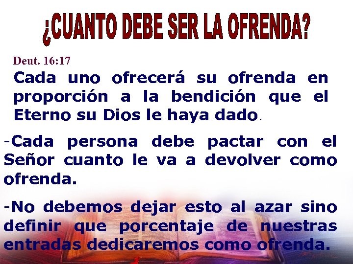 Deut. 16: 17 Cada uno ofrecerá su ofrenda en proporción a la bendición que