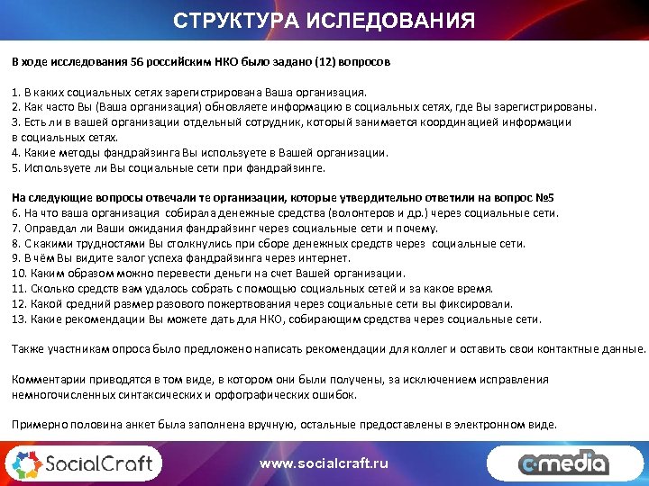 СТРУКТУРА ИСЛЕДОВАНИЯ В ходе исследования 56 российским НКО было задано (12) вопросов 1. В