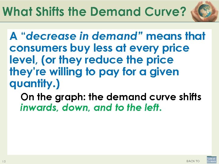 What Shifts the Demand Curve? A “decrease in demand” means that consumers buy less